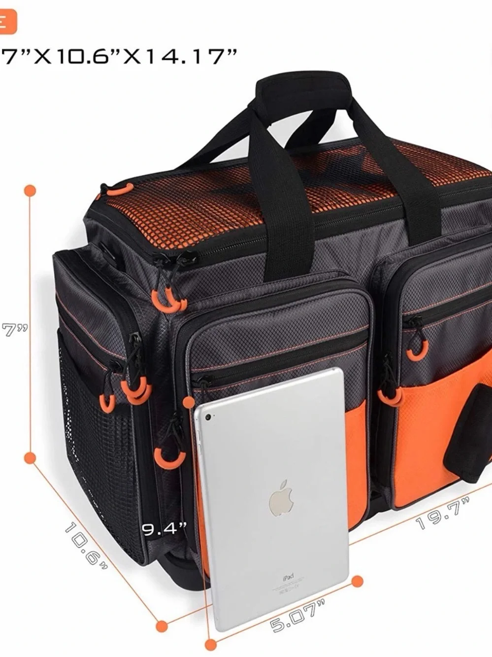 Orange and Gray Men’s Fishing Duffel Bag with Multiple Pockets